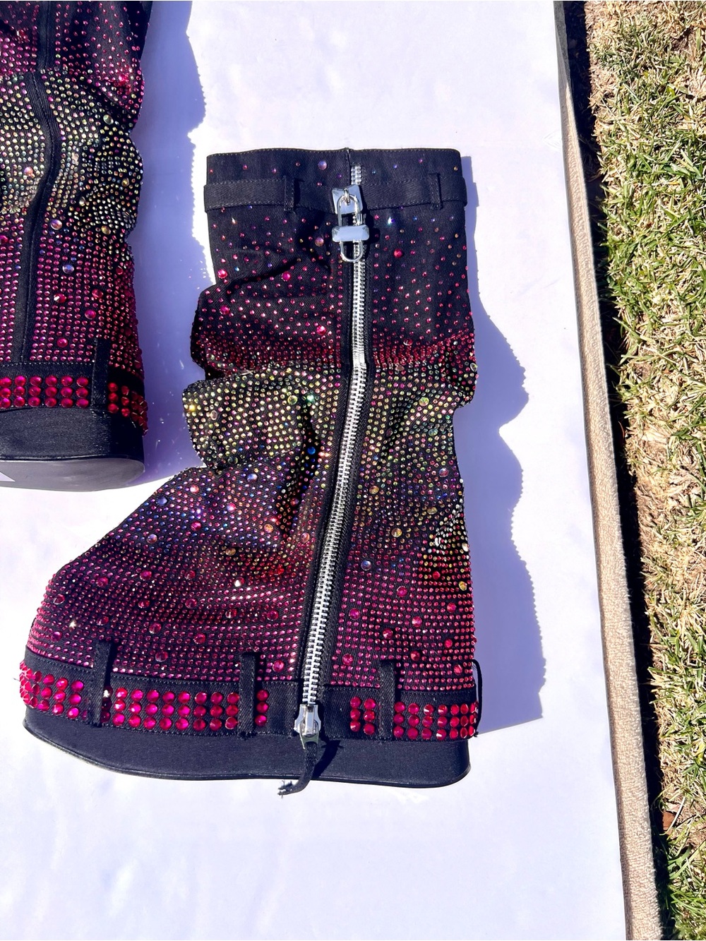 Rainbow Rave Boots Black Denim w/ Zipper. 5” Platform Wedge Ombre Rhinestones - Picture 8 of 17